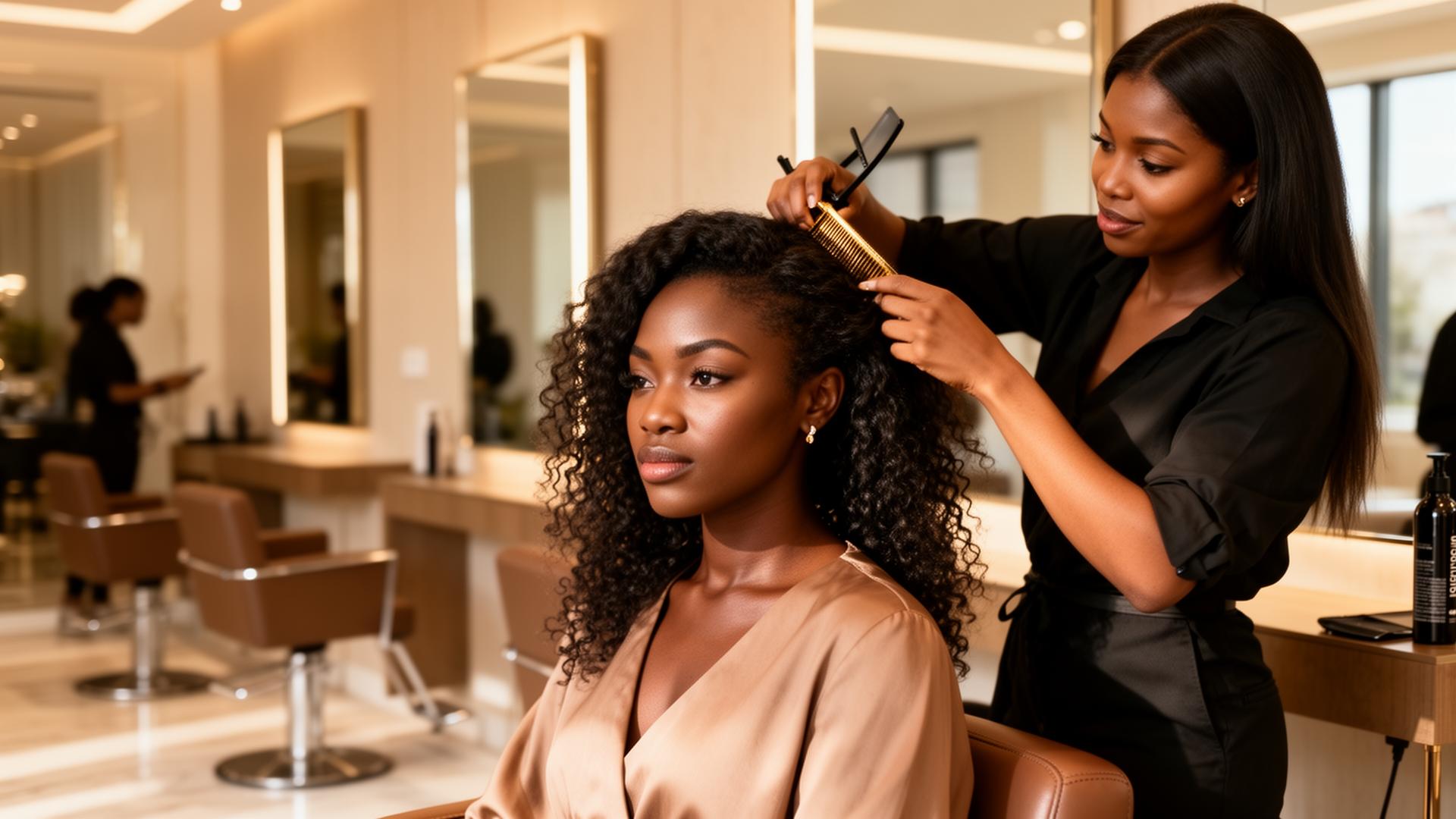 A stylist working with a client in a modern Ghanaian salon